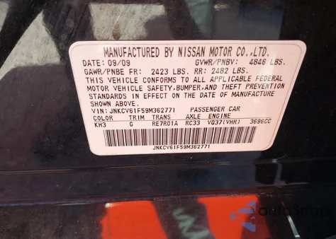 2009 Infiniti G37X z USA, uszkodzony, nr VIN JNKCV61F59M362771